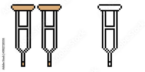 Set editable pixel crutches vector for retro health games. Ideal for symbolizing 8-bit digital bone support, arcade style rehab, and nostalgic medical care.