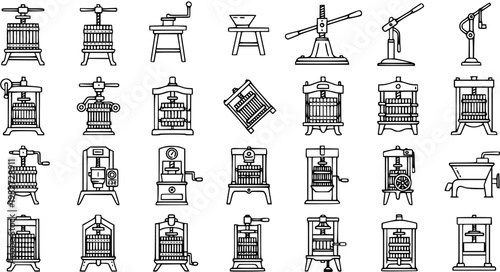 Agriculture and Food Processing Presses Line Art Icons Set. Vintage Wine, Cider, and Fruit Juice Crusher Outline Glyphs Collection.