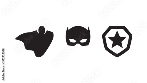 Superhero icon set with bat symbol mask cape and shield in black silhouette comic style