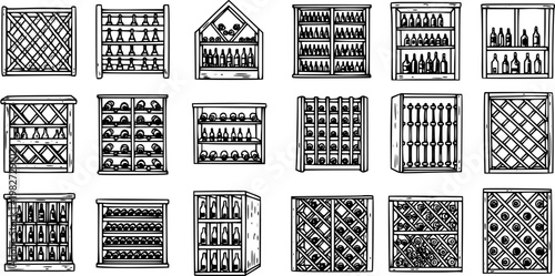 Black and White Line Art Wine Racks and Bottle Storage Vector Set. Hand-Drawn Collection of Cellar Shelves and Cabinets for Alcoholic Beverages Outline Icons.
