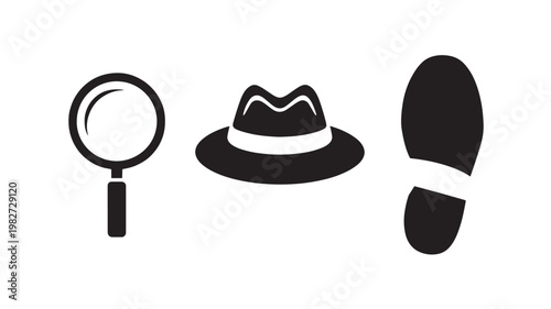 Detective icons set with magnifying glass fedora and footprint for investigation and crime scene concepts