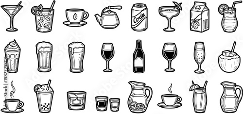 Black and White Line Art Icons of Various Drinks, Cocktails, and Beverages for Food and Beverage Industry