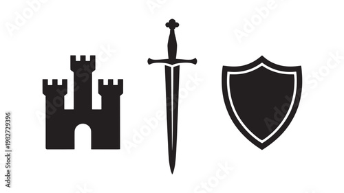 Medieval castle sword and shield silhouettes for fantasy heraldry and historical defense concepts
