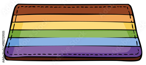 Colorful wallet illustration showing rainbow pride flag, handcrafted with stitched detailing, symbolizing community and unity.