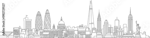 A captivating minimalist line art illustration showcasing a composite global cityscape featuring iconic landmarks from world-renowned destinations like London and New York.