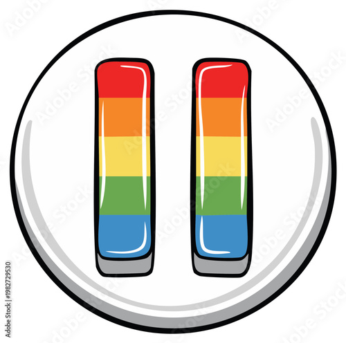 A bright rainbow colored pause button, colorful representation of stopping and taking a break, cartoon icon for media controls.