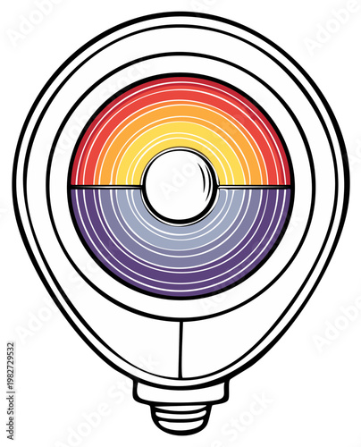 Abstract graphic design with a stylized circular gauge showing a vibrant sunset and twilight gradient