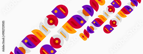 Colorful circles, squares, rectangles overlap. Geometric shapes create abstract pattern. Bright hues dominate composition.