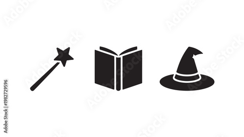 Magic icons with witch hat wand and spellbook in black silhouette for fantasy and Halloween concepts
