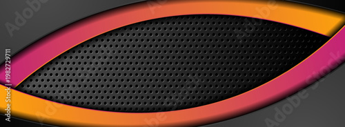 Orange purple and black abstract glossy waves on perforated background. Technology vector banner design