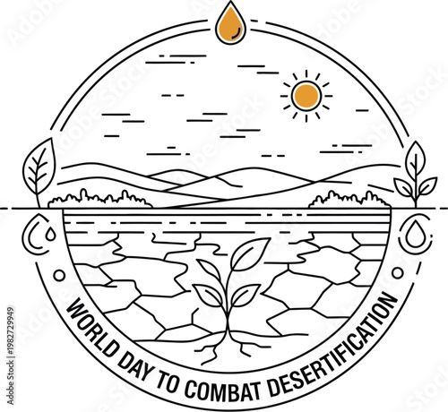 Environmental concept illustration for world day to combat desertification, showing dry, cracked earth with a struggling plant under a hot sun.