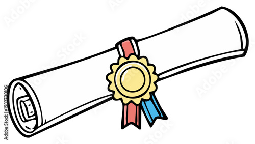 Cartoon drawing of rolled diploma with ribbons and seal