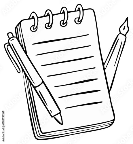 Hand drawn notebook with pen and fountain pen ready for writing or drawing ideas