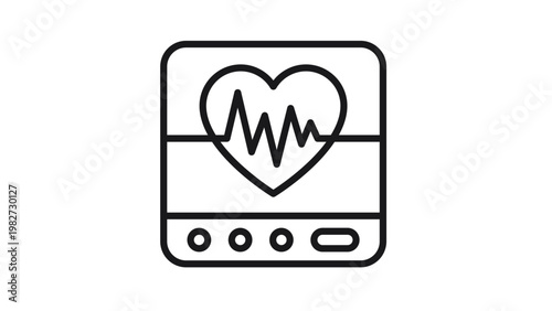Minimalist black vector icon illustration of a medical heart rate monitor or EKG machine screen featuring a heart symbol with a pulse line, representing cardiology and vital sign tracking.