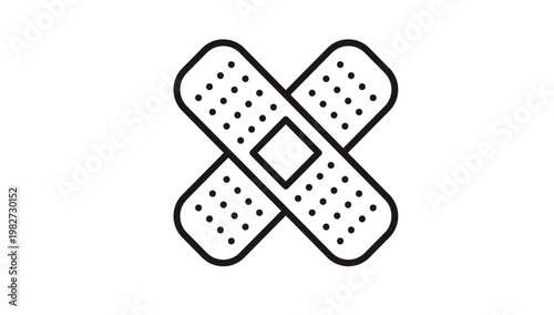 Minimalist black vector icon illustration of two adhesive bandages crossed in an X shape, symbolizing first aid, medical care, wound healing, injury recovery, and healthcare services.