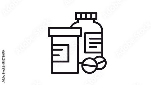 Minimalist black line vector icon illustration of prescription medicine bottles and pills, symbolizing pharmacy, healthcare, medical treatment, and pharmaceutical drugs for graphic design.