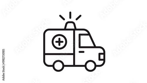 Ambulance emergency vehicle vector icon, black line art illustration of a medical transport van with a flashing siren and cross symbol, minimalist graphic for healthcare and first aid rescue.