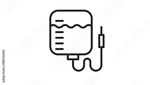 Black minimalist vector icon illustration of a medical IV bag for intravenous therapy, saline drip, or blood transfusion, featuring a tube and needle for healthcare and hospital use.