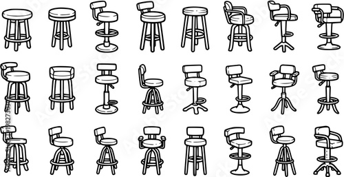 Bar Stools Black and White Line Art Vector Icons Set. Outline Illustrations of Chairs for Hospitality, Furniture, Interior Design, and Home Decor.
