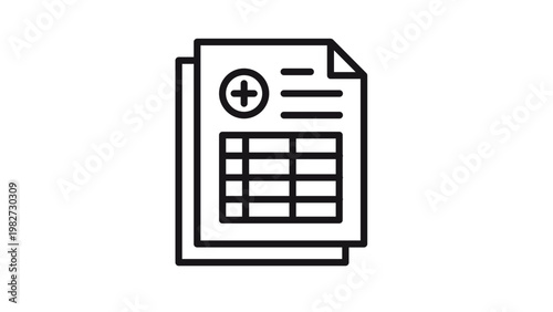 Medical record and health report vector icon illustration featuring a stack of patient files with a medical cross symbol and data table, perfect for healthcare and clinical documentation.
