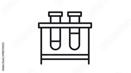 Black line art vector icon of two test tubes in a laboratory rack, minimalist science and chemistry research symbol for medical, educational, and scientific experiment illustrations.