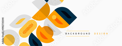 Abstract geometric shapes, orange, navy, white. Modern design elements create dynamic background. Minimalist aesthetic.