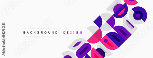 Abstract design features colorful overlapping circles, rectangles. Minimalist style with text elements, simple background. Modern aesthetic.