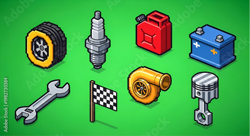 Automotive Parts and Racing Equipment - Car Repair and Mechanic Icons Pixel Art