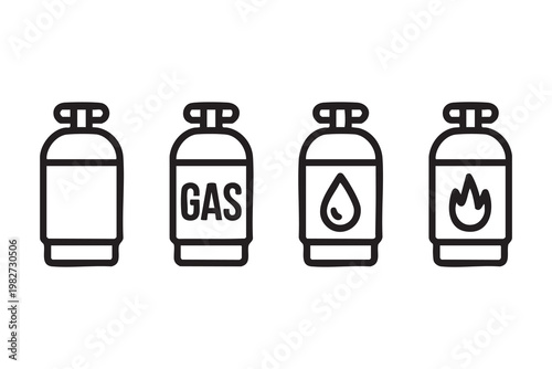 Gas storage cylinder icons with propane fuel and safety symbols for industrial design
