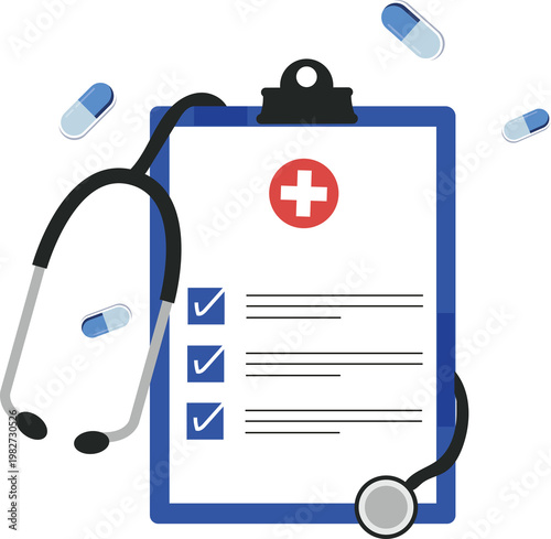 Medical health check. Stethoscope with medical check list board. Medical and health insurance concept vector illustration
