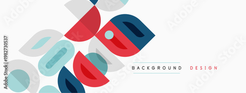 Abstract geometric shapes overlap, creating dynamic visual texture. Red, blue, gray tones dominate simple background design.