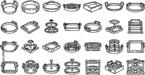 Black and White Line Art Collection of Food Serving Trays and Stands for Catering and Restaurants