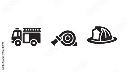 Firefighter icons with fire truck helmet and hose for emergency response and rescue service concepts