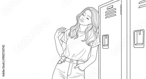 Young Woman Posing Confidently by School Lockers.