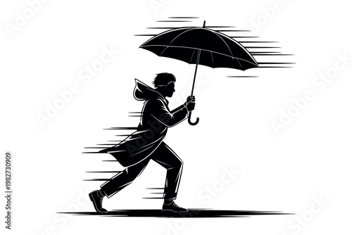 Person holding an umbrella while running in the rain, with motion blur.