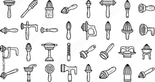Black and White Line Art of Kitchen Tools, Gadgets, and Utensils for Food Preparation