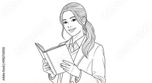 Young Woman Reading a Book in a School Uniform.