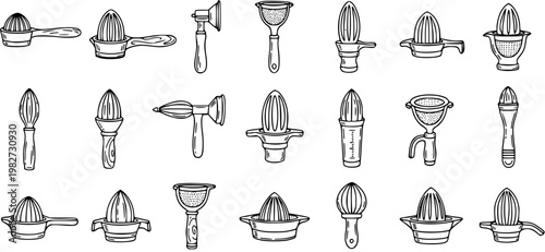 Black and White Line Art of Various Citrus Juicers and Kitchen Utensils