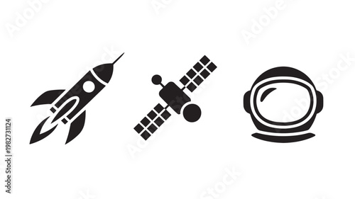 Space Icons Set Rocket Satellite Astronaut Helmet Minimalist Vector for Technology and Science Concepts