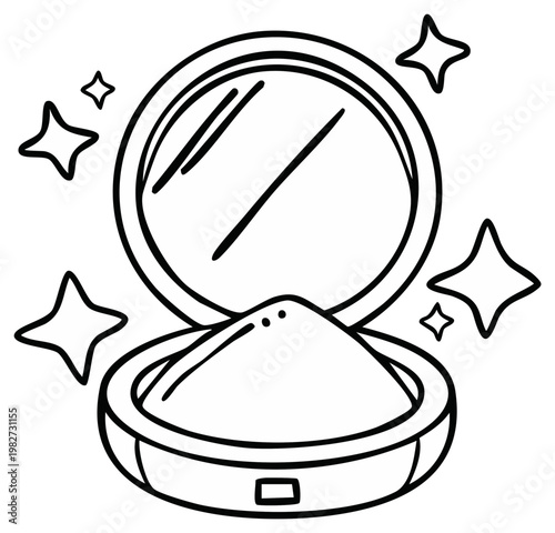 Sparkling compact mirror with loose face powder and glitter accents line art