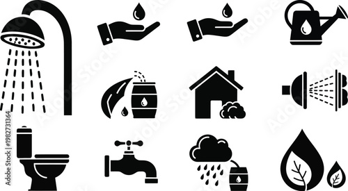A collection of black and white icons representing water conservation and usage in various aspects of daily life