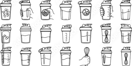 Fitness Shaker Bottles Line Art Vector Icons. Outline Collection of Protein Mixers, Supplement Containers, and Whisk Balls for Gym and Health Industry.