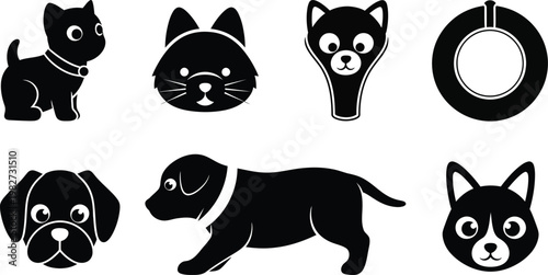 A set of cute cartoon animal icons featuring dogs and cats in black and white