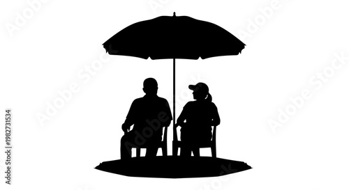 Silhouette of a couple relaxing under a beach umbrella on white