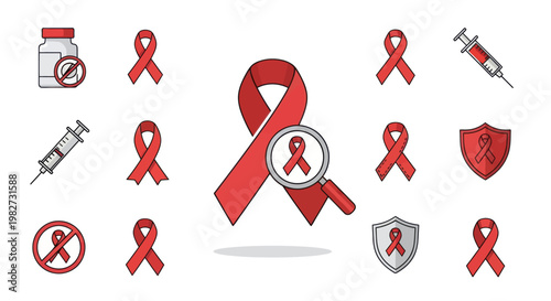 Red Ribbon Icons: HIV Awareness, Syringe, Shield, Magnifying Glass, Vaccine