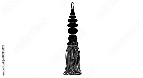 Black silhouette of a decorative tassel with stacked beads and fringe