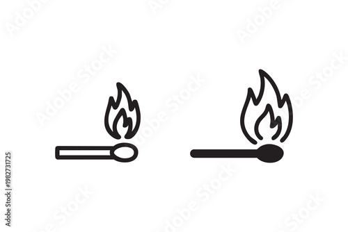 Burning match fire icon with flame for ignition heat and hazard warning concept
