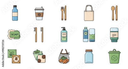 Eco-friendly zero waste essentials set icons, sustainability and green living concept