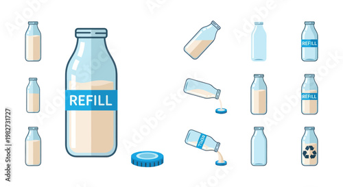 Milk Bottles Collection: Refill Concept, Recycling Symbol & Pouring Actions
