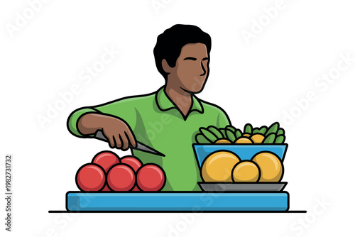 A man cutting fruit on a blue cutting board with tomatoes and lemons nearby